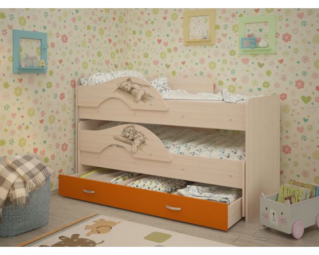 Кровать выкатная Радуга-Сафари детская 1600 Млечный дуб/Оранжевый